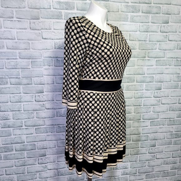 Eliza J Womens 12 Cream Black Geometric Pleated Skirt 3/4 Sleeve Fit Flare Dress - Picture 4 of 11